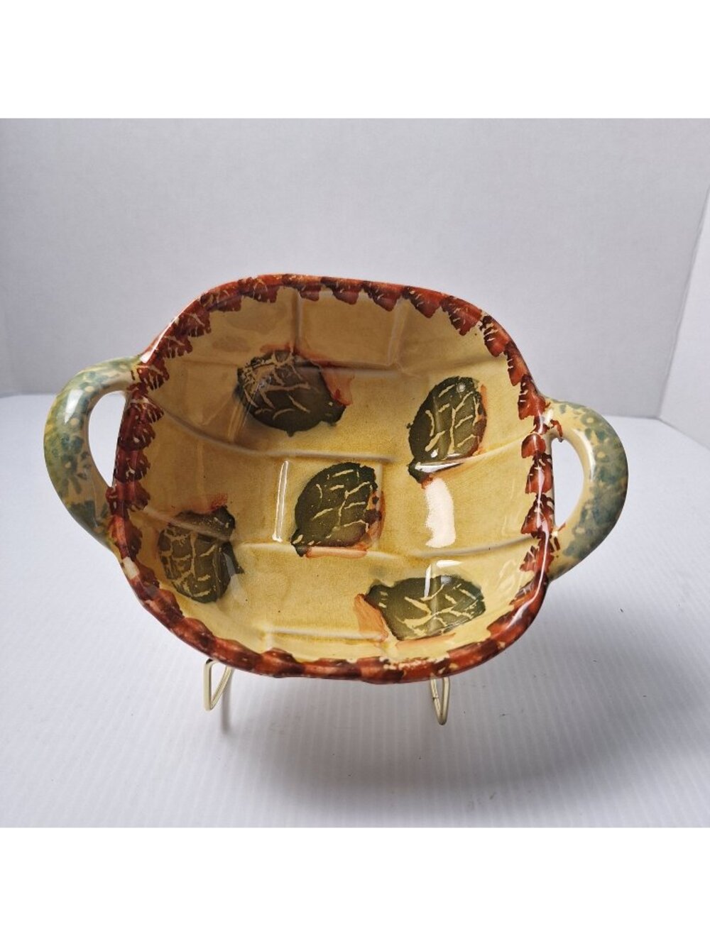 ITALIAN POTTERY CERAMIC SERVING DISH BASKET WITH 2 HANDLES SQUARE SHAPE **READ
